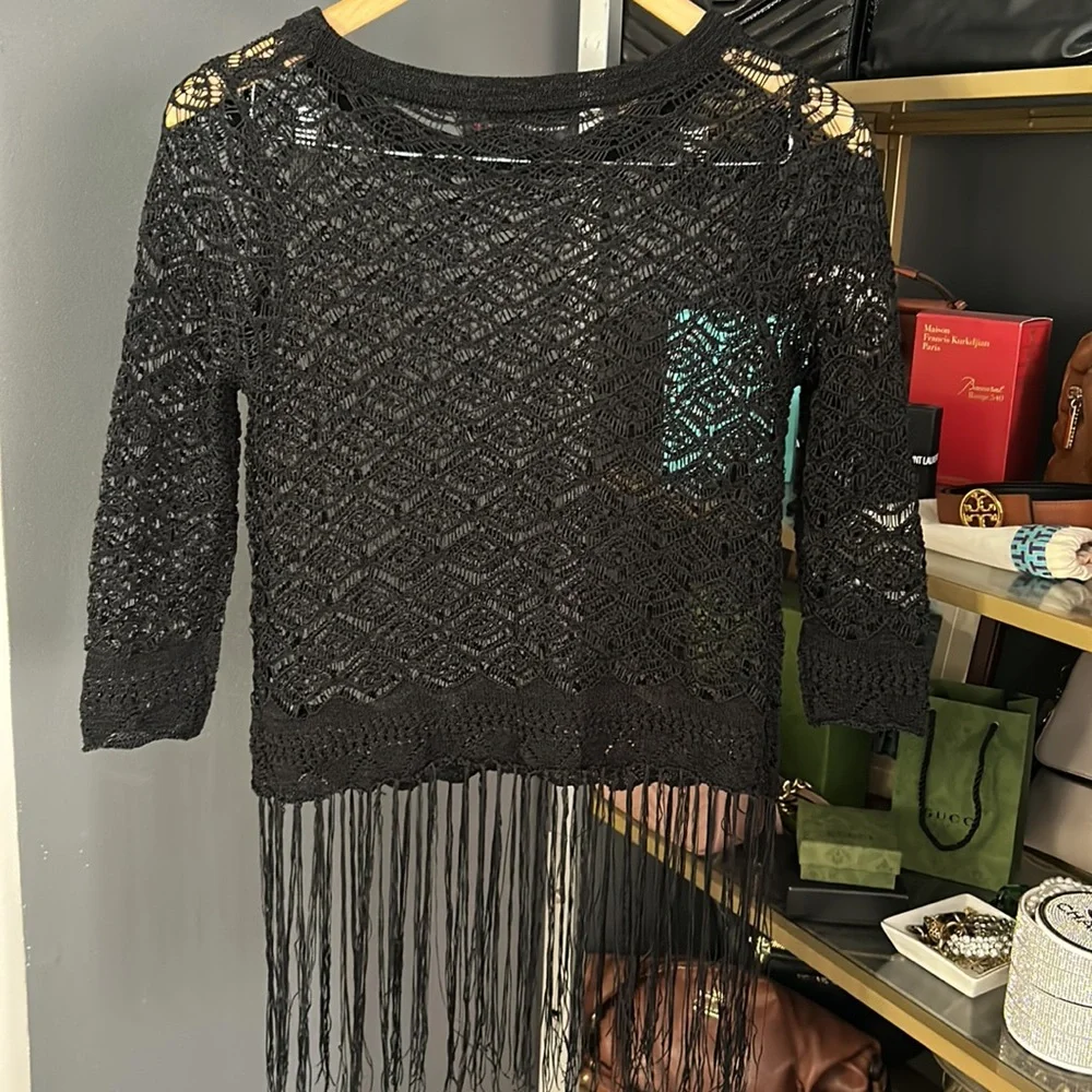 Colleen Lopez Black Lace Topper with Fringe XS 3/4 sleeves